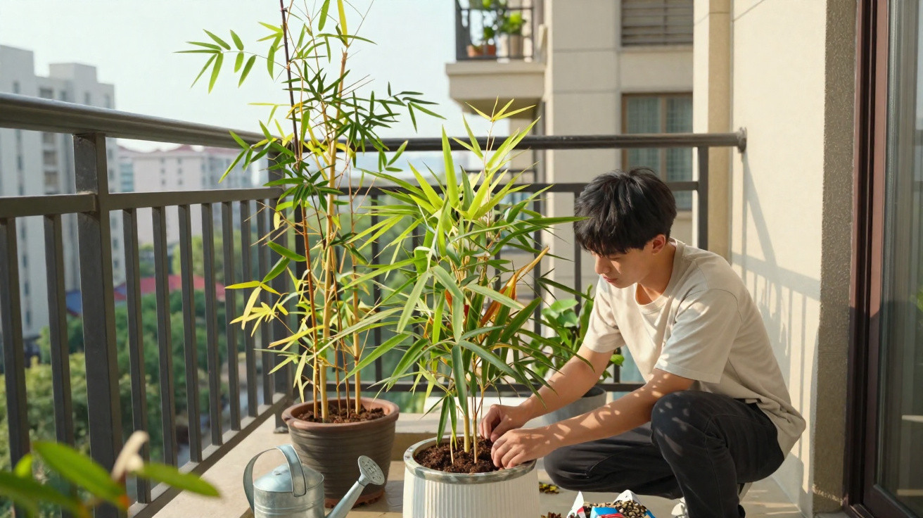 Jovem a cuidar de plantas em vaso num varandim de apartamento com regador metálico ao lado.