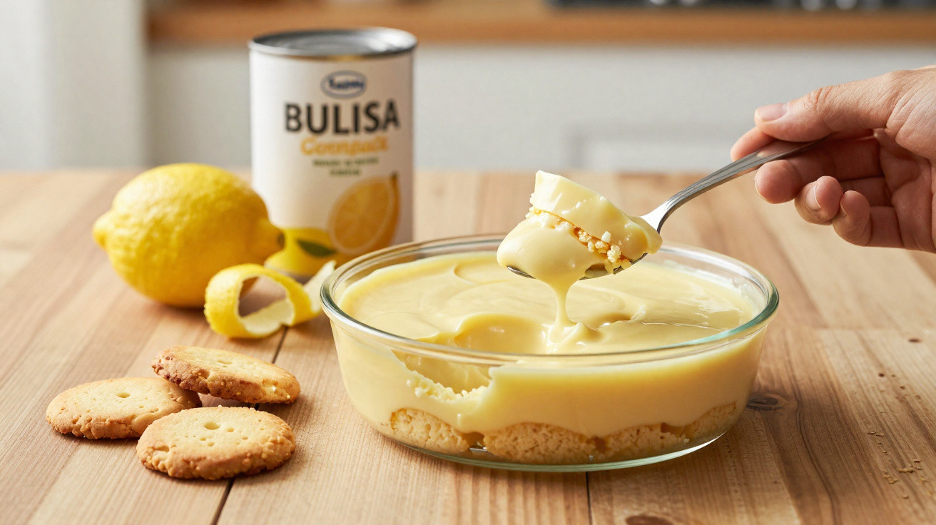 Creme de limão numa taça de vidro com bolachas e limão em cima de uma mesa de madeira.