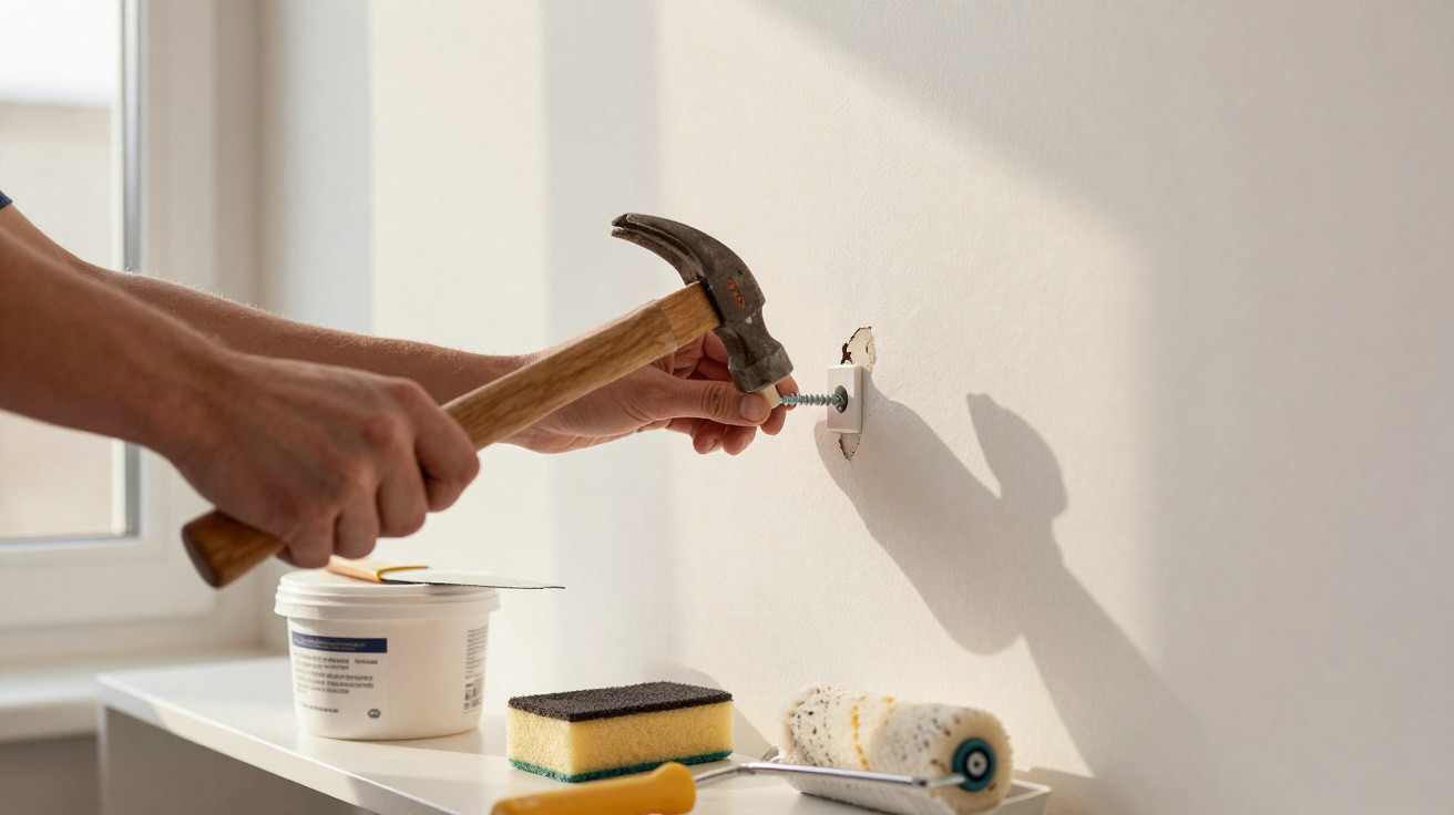 Pessoa a usar martelo para instalar fechadura numa porta branca perto de uma janela.