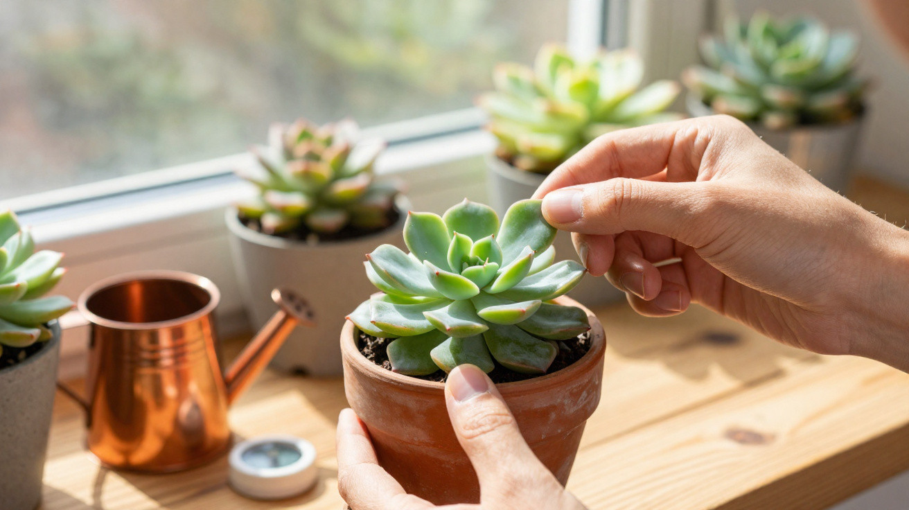 Mão a retirar uma folha de uma planta suculenta num vaso de barro numa mesa perto de uma janela.