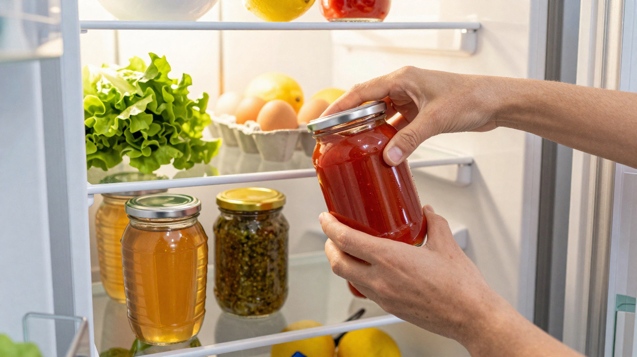 Mãos a verter molho de tomate de um frasco para outro dentro de um frigorífico com alimentos frescos.