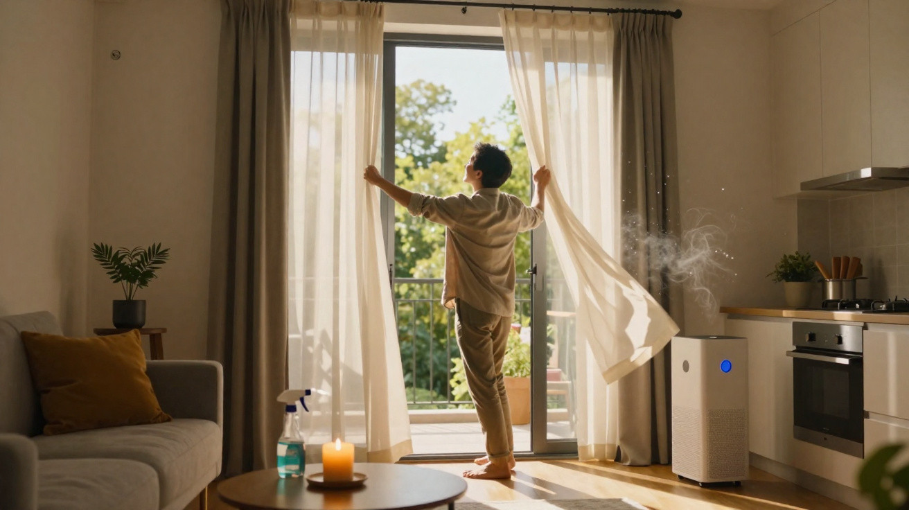 Pessoa a abrir cortinas em sala iluminada, com humidificador a libertar vapor e ambiente acolhedor.