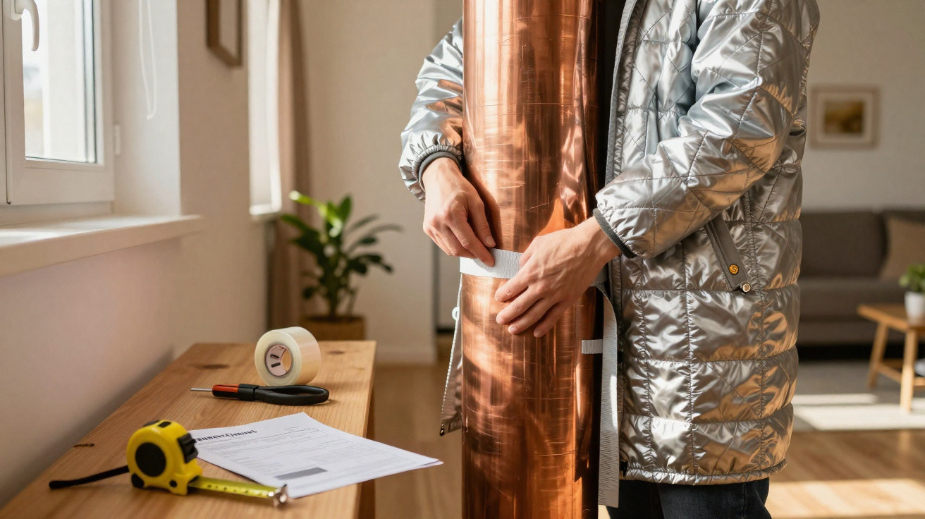 Homem a instalar isolamento térmico em tubo de aquecimento dentro de uma casa.
