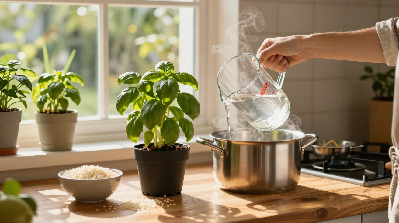 Pessoa a adicionar água fervente numa panela numa cozinha iluminada, com manjericos e tigelas com arroz.