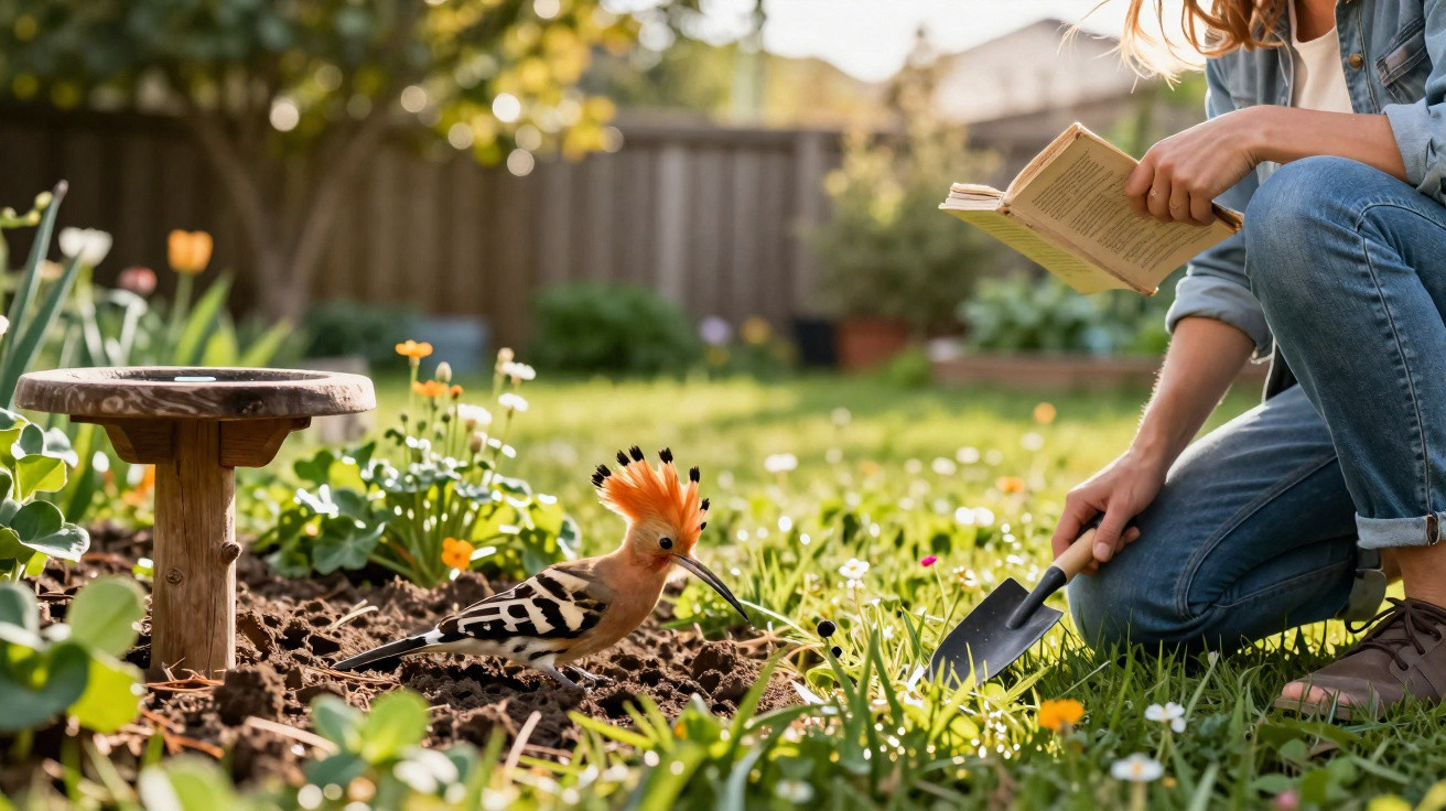 Pessoa a ler livro e a jardinar enquanto um pássaro com penacho colorido está no jardim ao final da tarde.