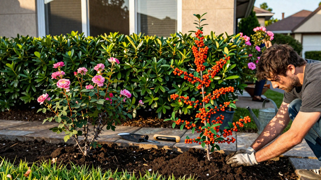 Pessoa a plantar arbusto com bagas vermelhas num jardim à frente de uma casa, com ferramentas no chão.