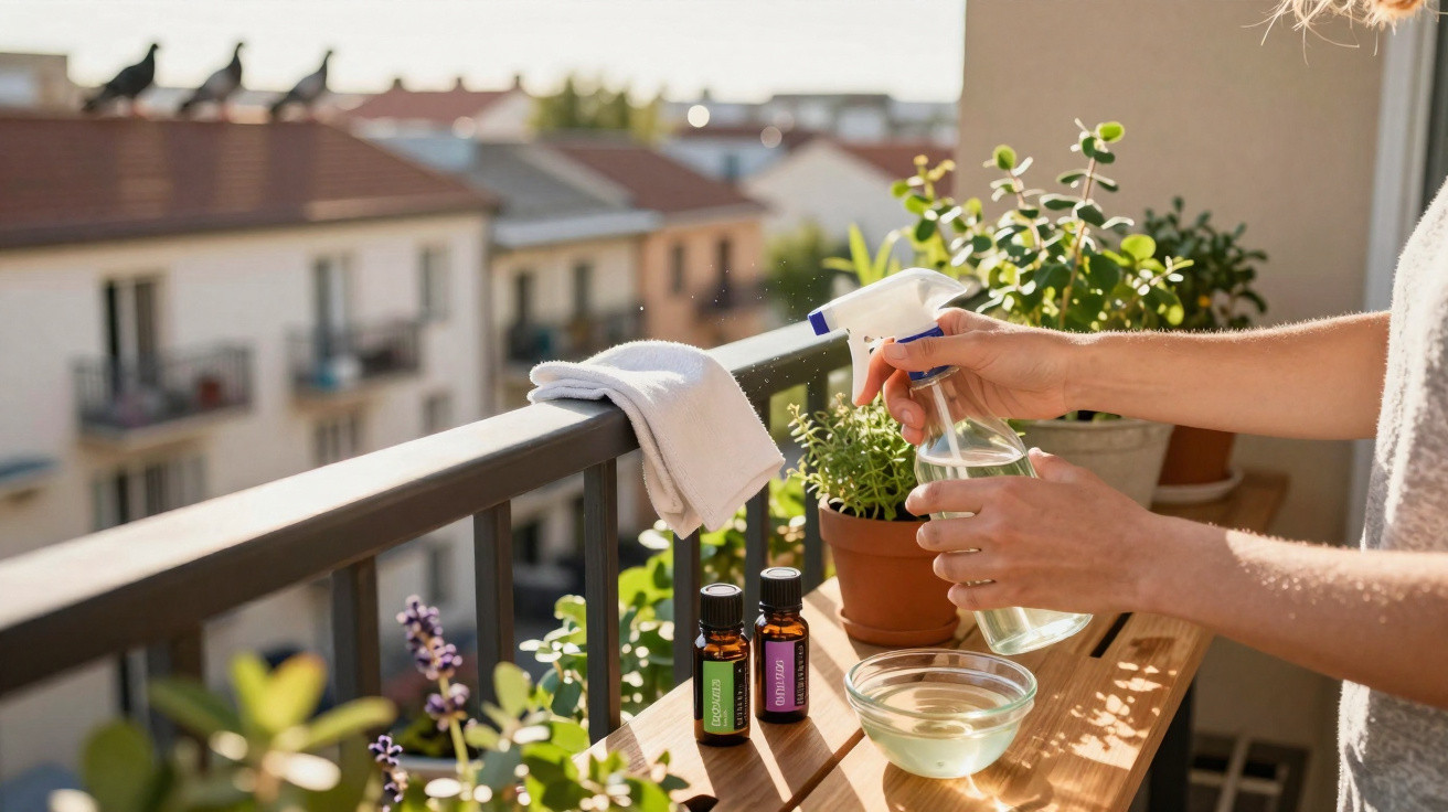 Pessoa regando plantas num terraço urbano com borrifador de água ao pôr do sol.