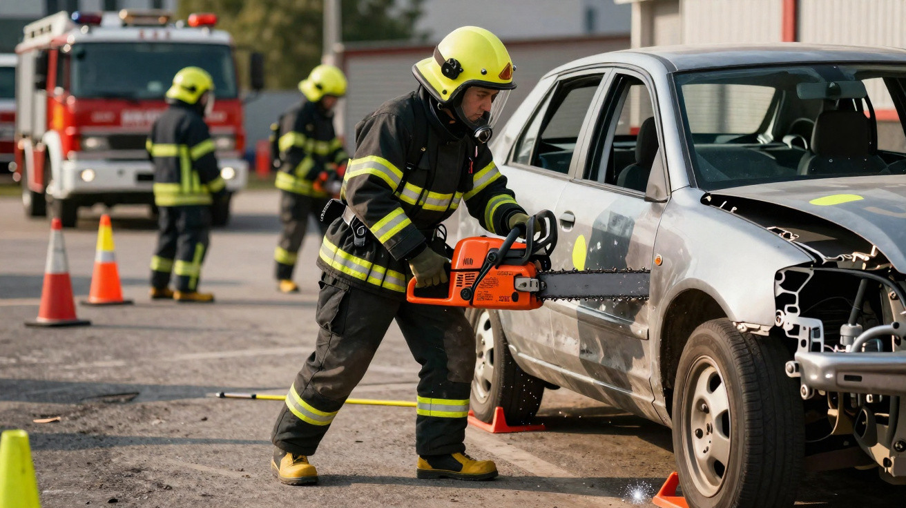 Bombeiros com equipamentos de proteção manuseiam motosserras junto a automóvel acidentado numa estrada.