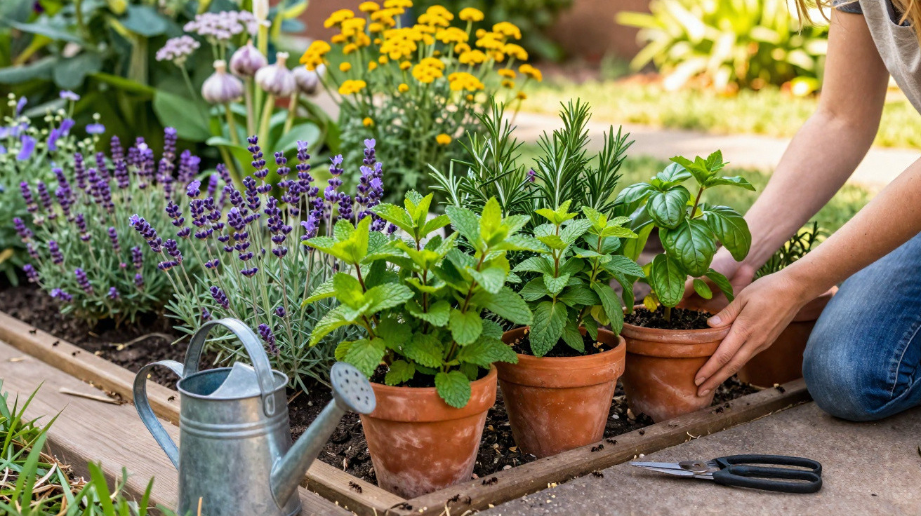 Pessoa a cuidar de plantas aromáticas em vasos num jardim com regador metálico ao lado.