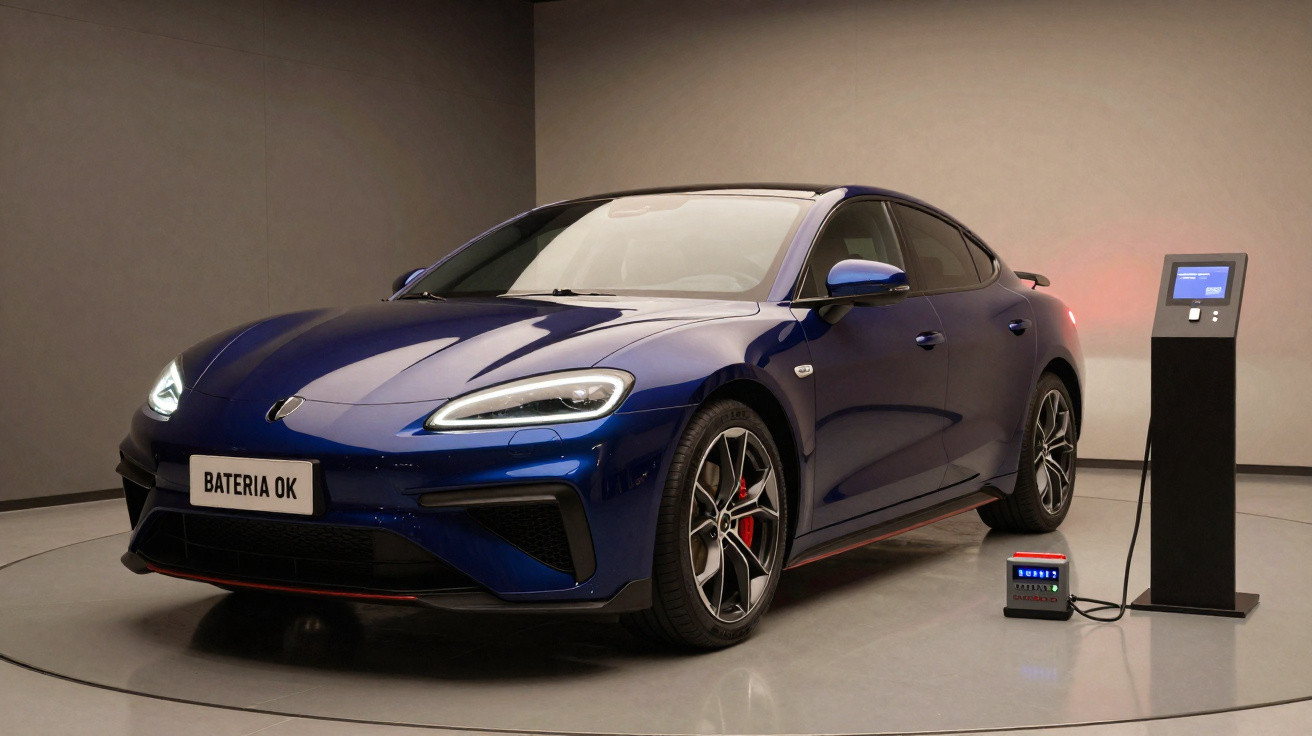 Carro azul elétrico em estúdio com dispositivo ligado à bateria e placa "BATERIA OK".