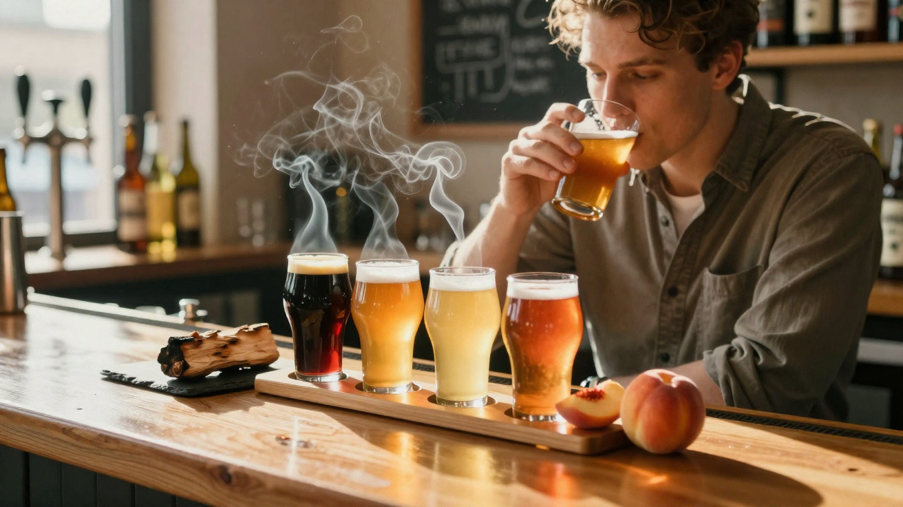 Homem a provar diferentes tipos de cerveja artesanal numa bancada de madeira num bar.