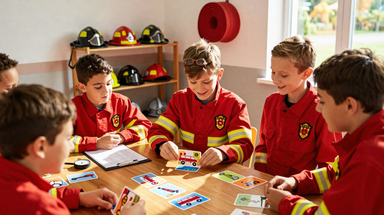 Crianças e adulto em fatos de bombeiro a jogar cartas num ambiente de formação ou aula.