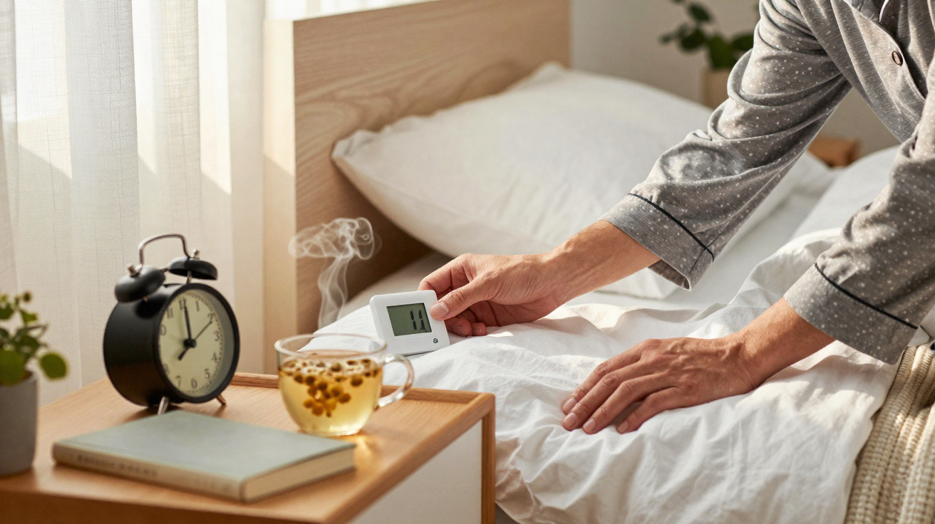 Pessoa na cama a desligar um despertador digital na mesa de cabeceira com chá e relógio analógico preto.