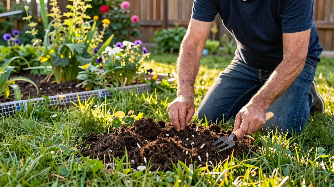 Homem a cavar e a preparar a terra num jardim com flores ao fundo num dia soalheiro.