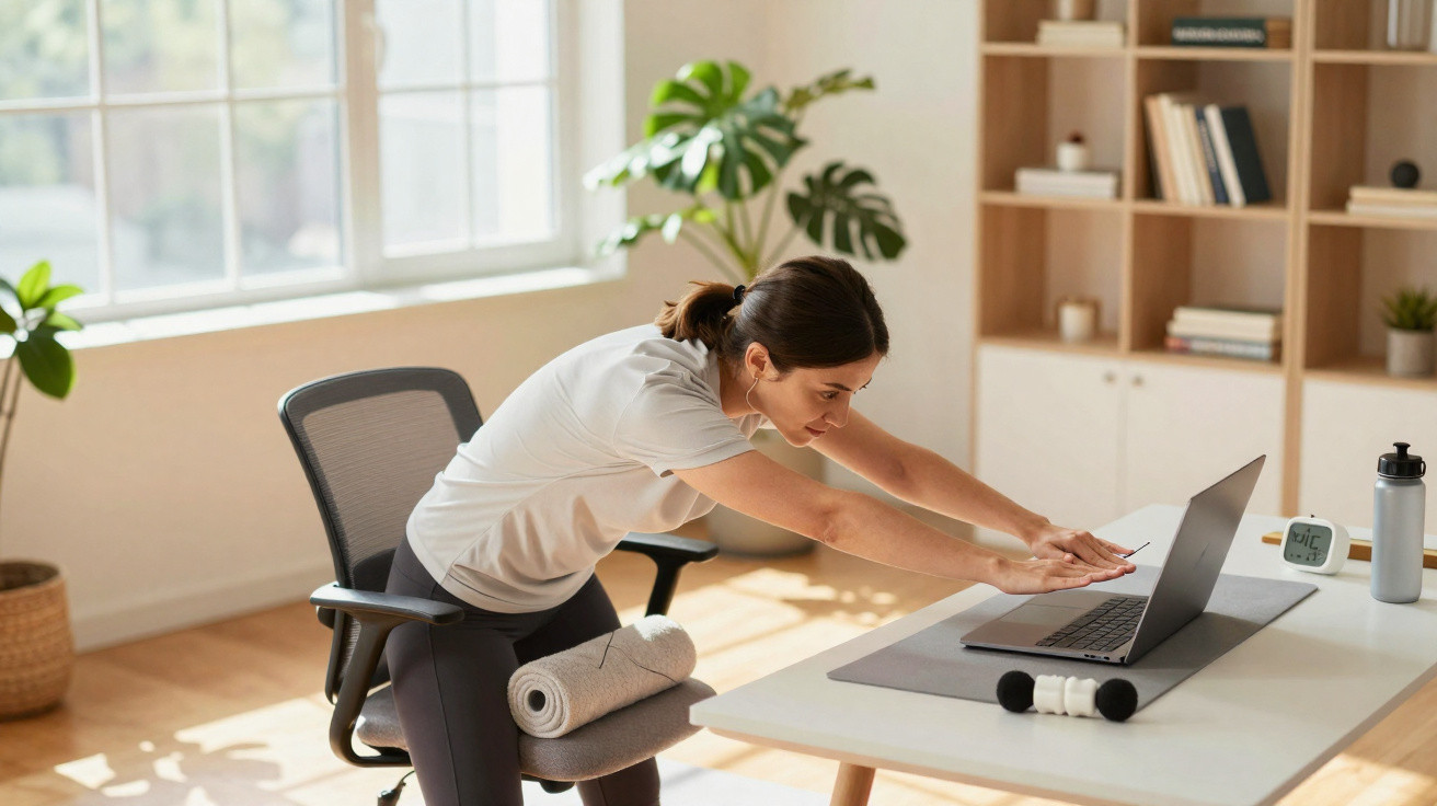 Mulher a fazer exercício de alongamento com pendulo em espaço iluminado e organizado com computador à frente.