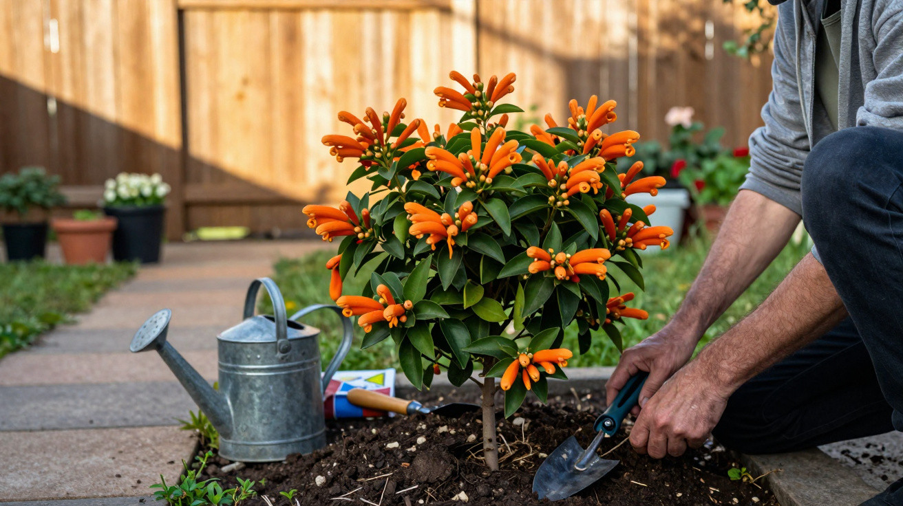 Pessoa a plantar planta com flores laranja num jardim com regador e terra fresca.