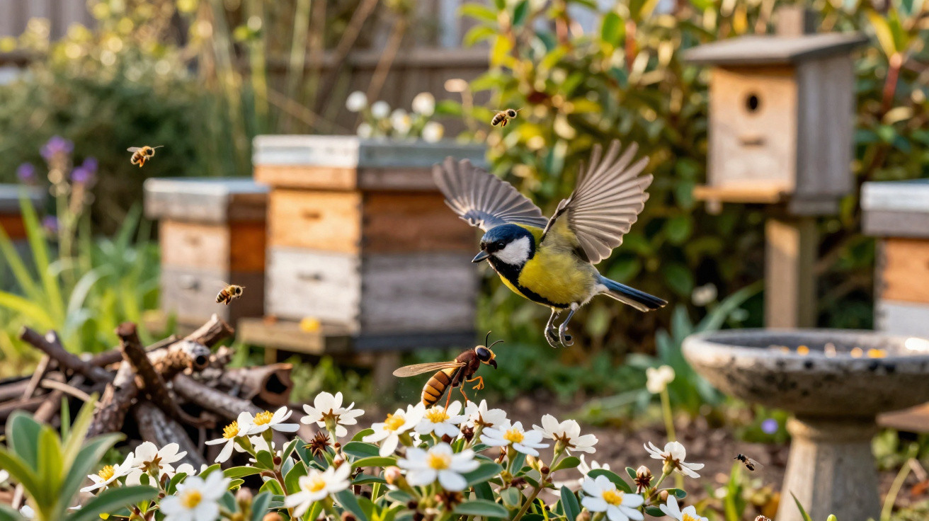 Pássaro em voo perto de flores brancas, abelhas e colmeias num jardim com plantas e casinha de aves.