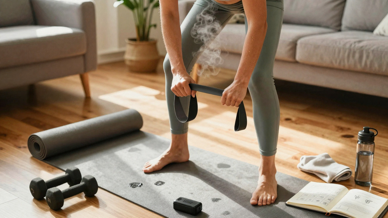 Pessoa a preparar treino em casa com faixa elástica, tapete de yoga, halteres, garrafa de água e livro de exercícios.