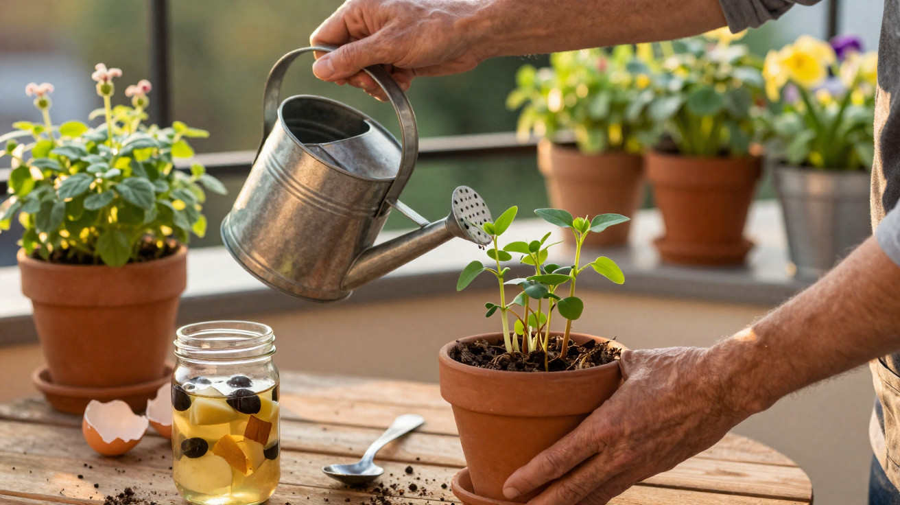 Pessoa a regar planta jovem em vaso de barro numa mesa com vários vasos de flores e terra espalhada