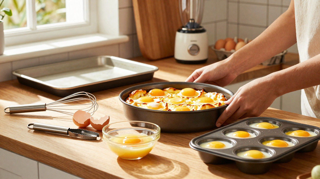Pessoa a retirar do forno um prato de quiche, com ovos e utensílios de cozinha numa bancada iluminada.