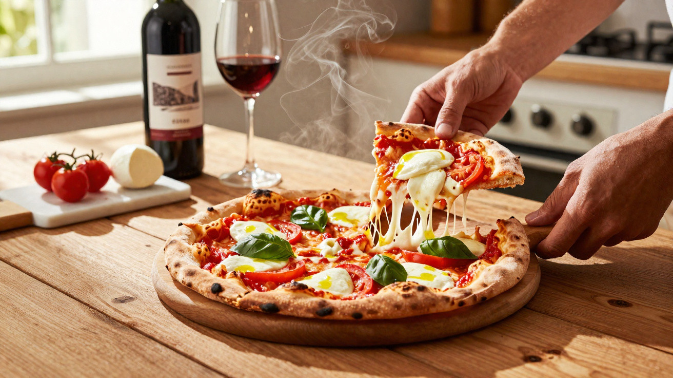 Mão a levantar fatia de pizza margherita com queijo derretido, manjericão e tomate, ao lado de vinho tinto.