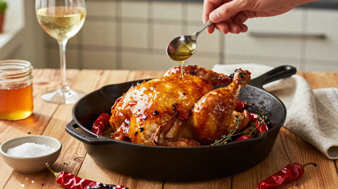 Frango assado numa frigideira preta sendo regado com mel, ao lado de vinho, mel e sal numa mesa de madeira.
