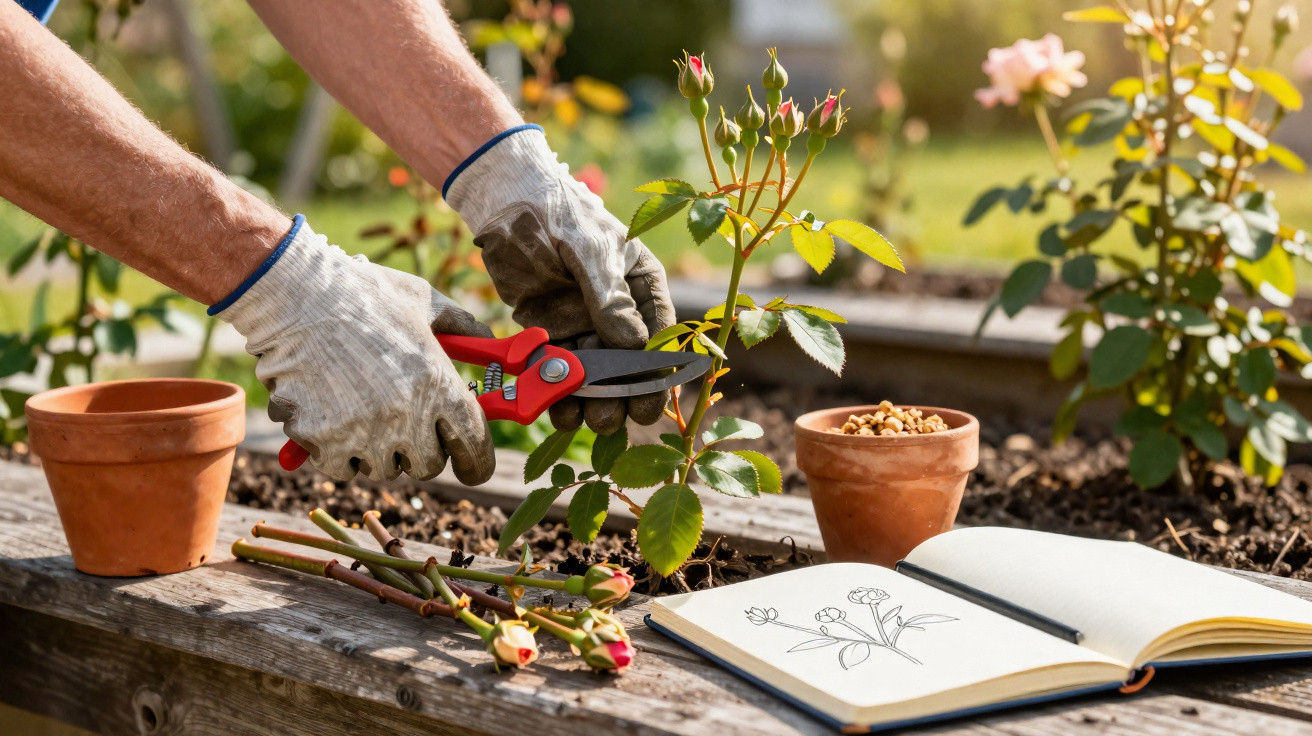 Pessoa a podar uma planta de rosa com tesoura de jardinagem, com caderno de desenho aberto e vaso à volta.