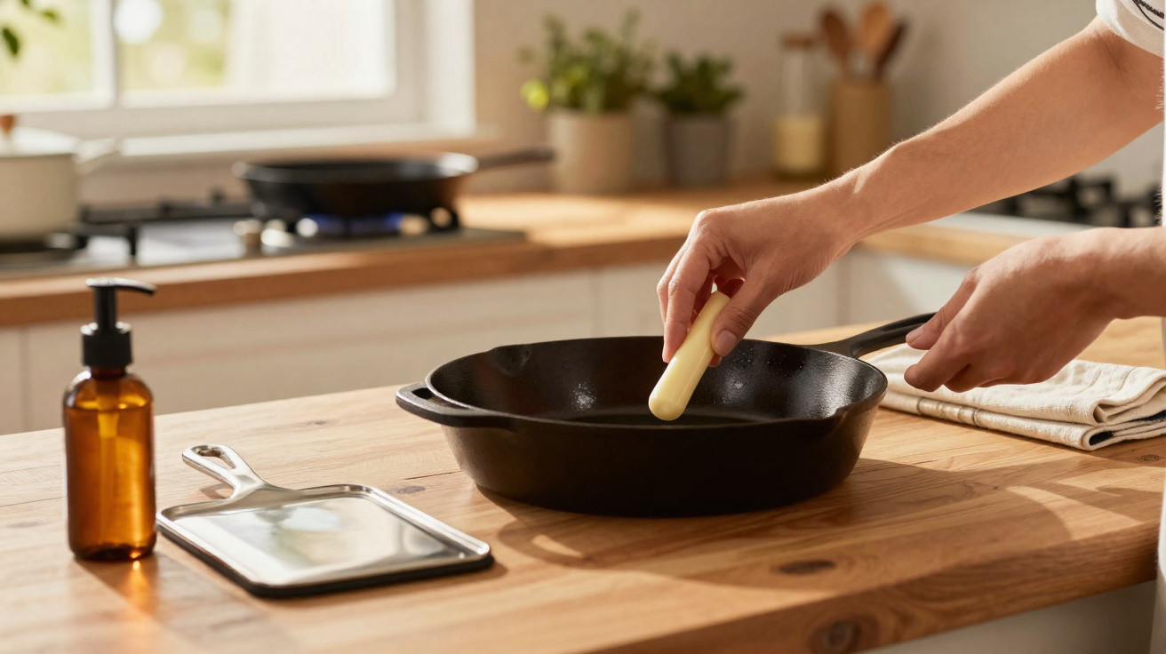 Mão a esfregar uma frigideira de ferro com uma vela branca numa cozinha luminosa e organizada.