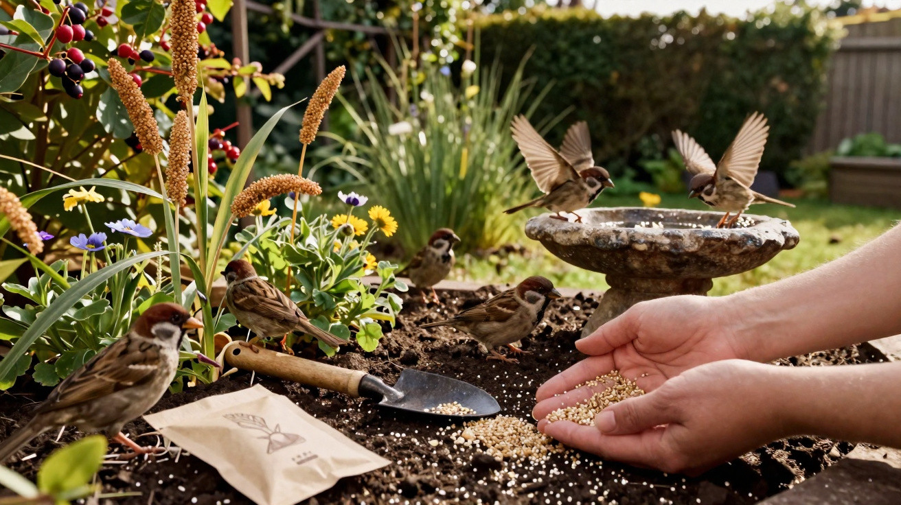 Pássaros pequenos a comer sementes oferecidas por mãos num jardim com flores e regador de pedra.