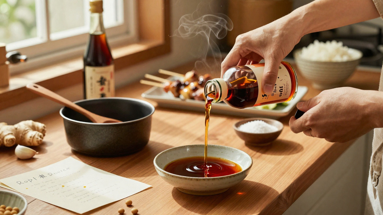 Mãos a verter molho de soja numa tigela numa bancada de cozinha com ingredientes e comida japonesa.