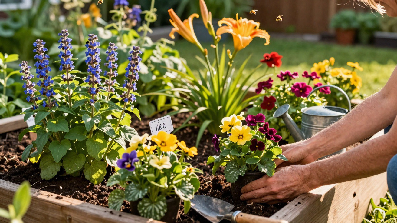 Pessoa a plantar flores num canteiro de jardim com regador e ferramenta de mão ao lado.