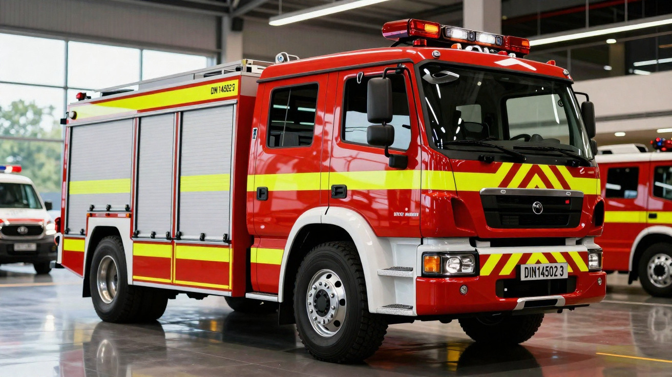 Camião de bombeiros vermelho com faixa amarela estacionado dentro de um edifício moderno.