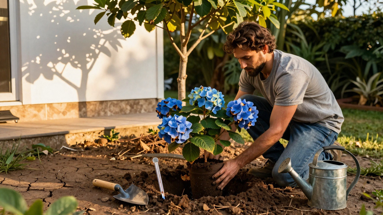 Homem a plantar uma hortênsia azul num jardim junto a uma casa, com regador e enxada ao lado.