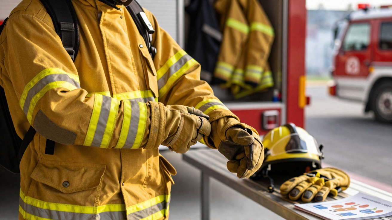 Bombeiro a vestir equipamento de proteção ao lado de luvas e capacete, com carro de bombeiros ao fundo.