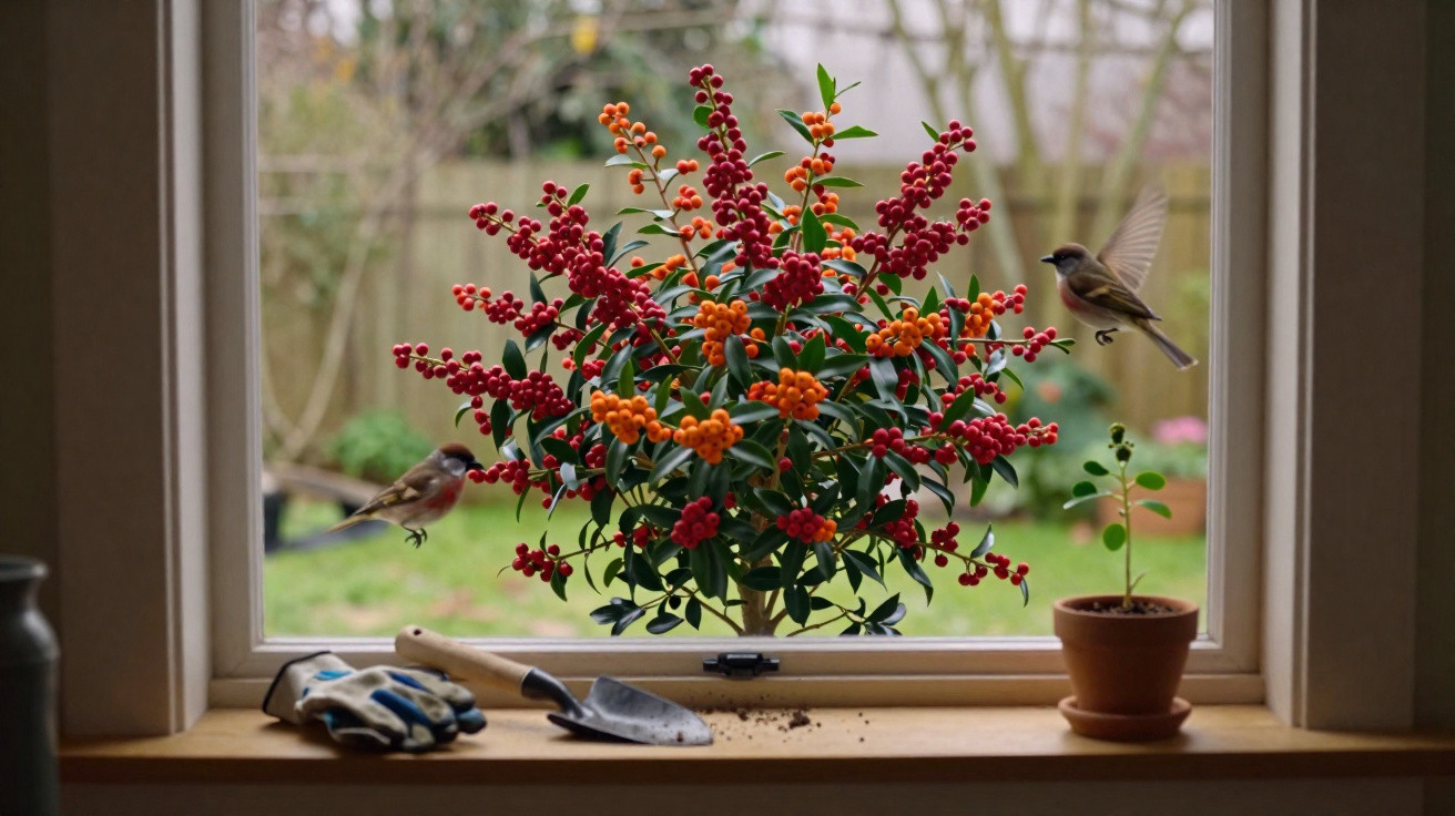 Janela aberta com planta de frutos vermelhos e laranja, pássaros em voo e ferramentas de jardinagem.