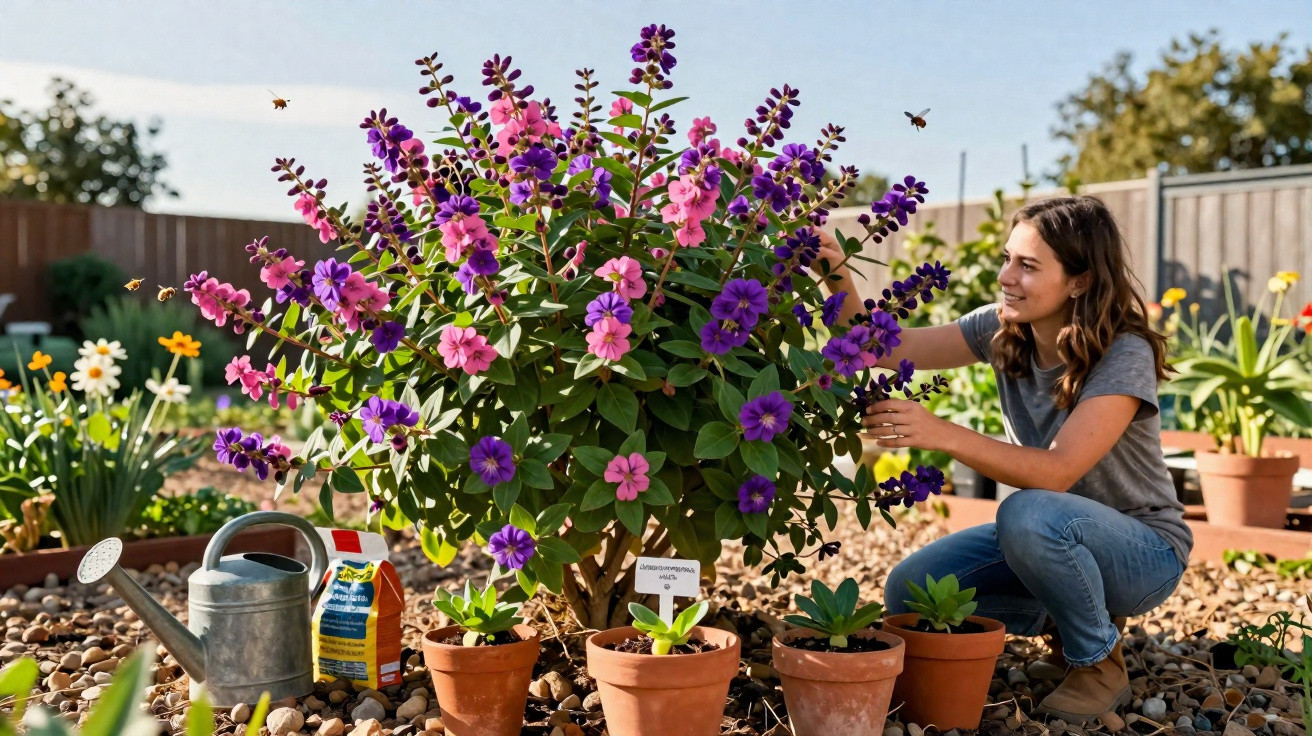 Mulher a cuidar de planta florida com flores rosas e roxas num jardim ensolarado.