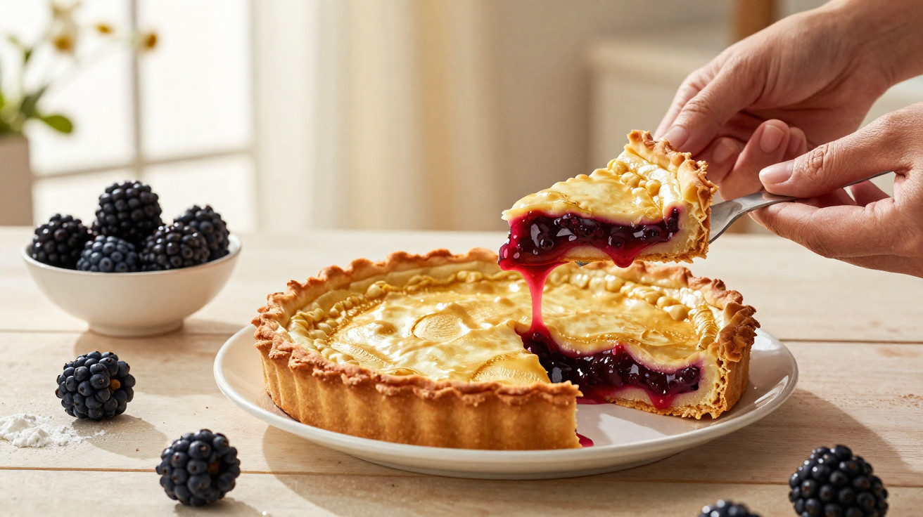 Tarte de amora com creme a ser servida, com amoras frescas numa taça e sobre a mesa.