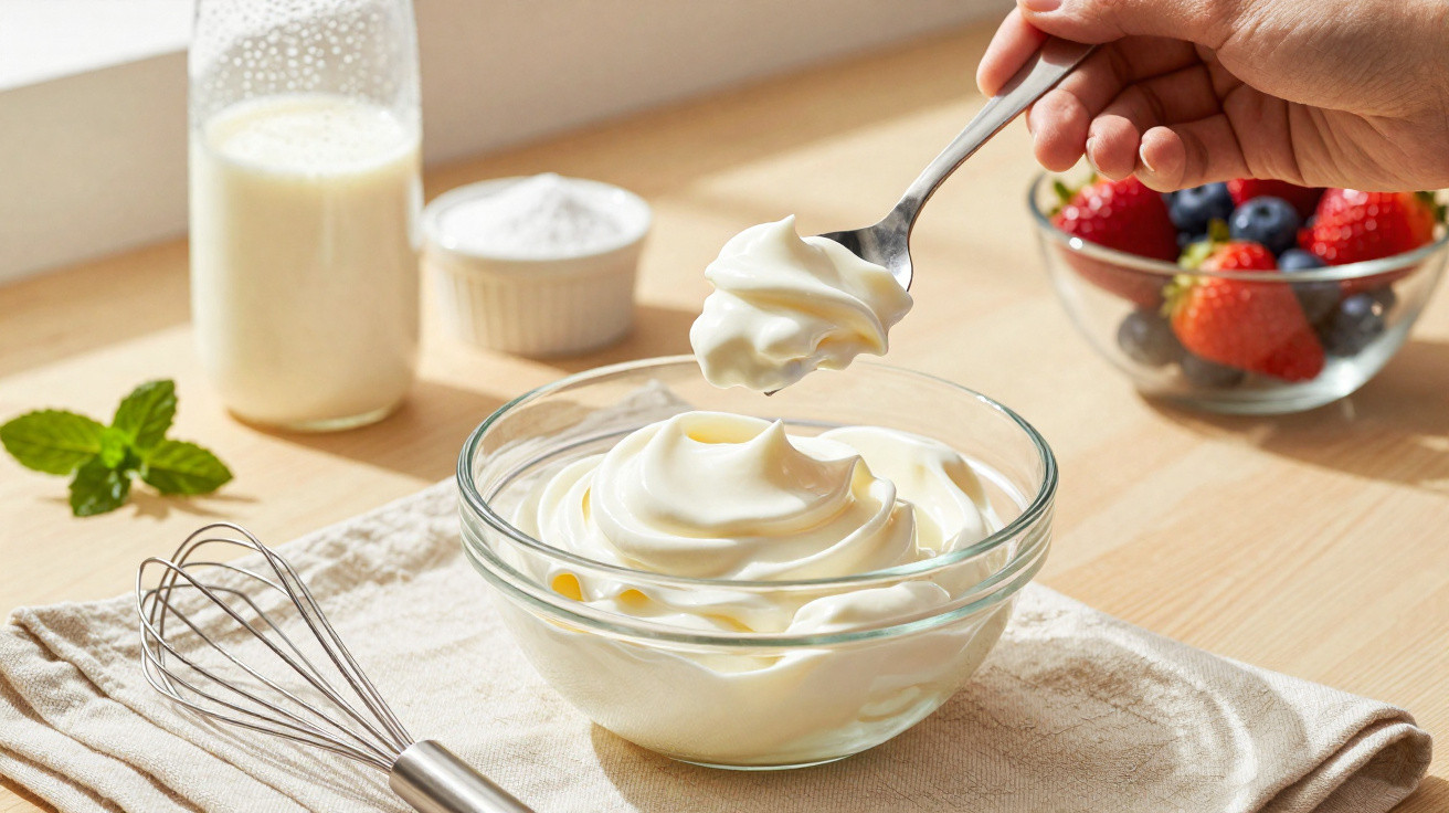Mão a colher iogurte natural cremoso numa tigela de vidro com ingredientes e frutas ao fundo.