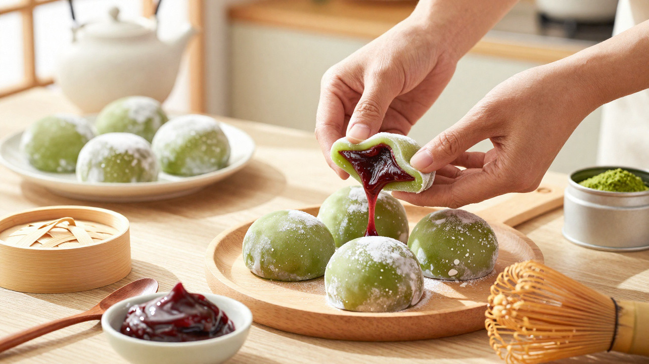 Mãos seguram um mochi verde com recheio vermelho a escorrer, com mochis e utensílios de chá verde ao fundo.