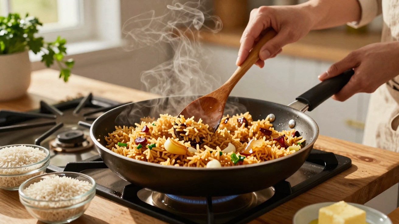 Arroz a ser mexido numa frigideira em lume brando, com vapor a subir e ingredientes visíveis.