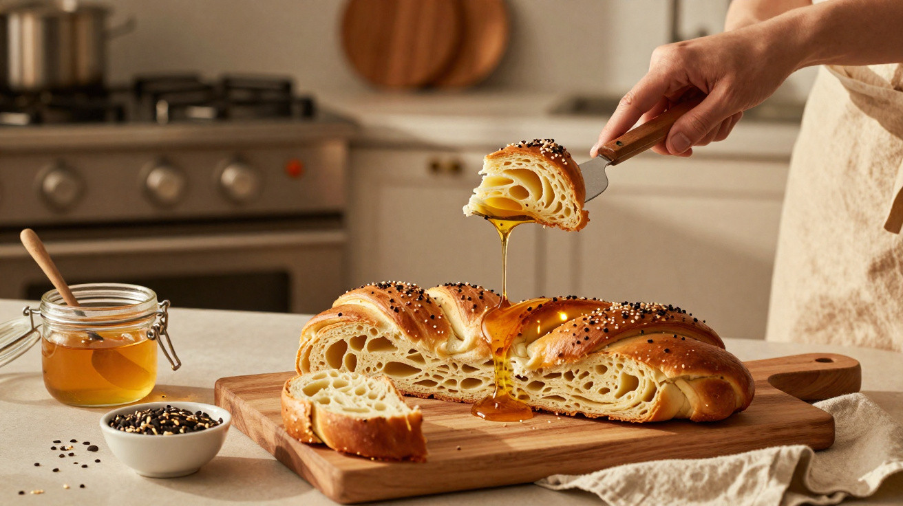 Mão a verter mel sobre pão recheado com queijo numa tábua de madeira na cozinha.