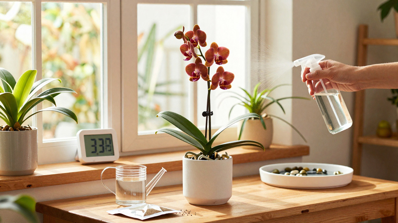 Mão a pulverizar orquídea numa sala luminosa com regador, termómetro e plantas num móvel em madeira.