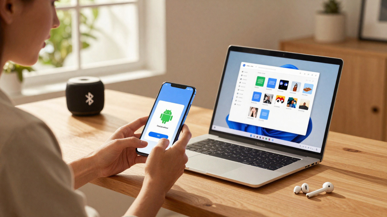 Pessoa a usar smartphone com ecrã de aplicação Android ao lado de portátil aberto numa secretária de madeira.