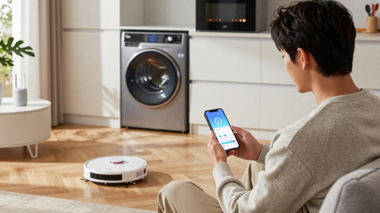 Homem sentado na sala a controlar aspirador robô com smartphone junto à cozinha moderna.