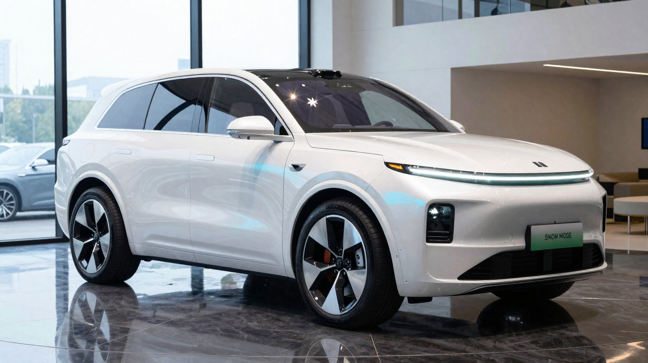 Carro SUV elétrico branco exposto num showroom moderno com jantes desportivas e faróis LED.