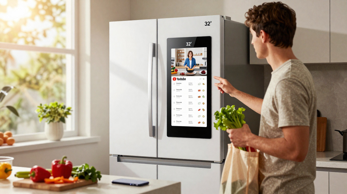 Homem interage com frigorífico Samsung com ecrã táctil que mostra vídeos de culinária.