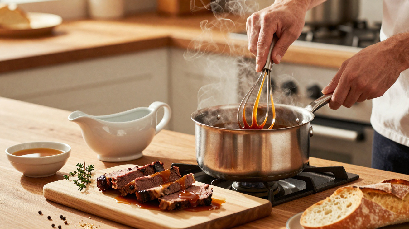 Pessoa a cozinhar molho numa panela com carne assada fatiada e pão numa tábua de madeira na cozinha.