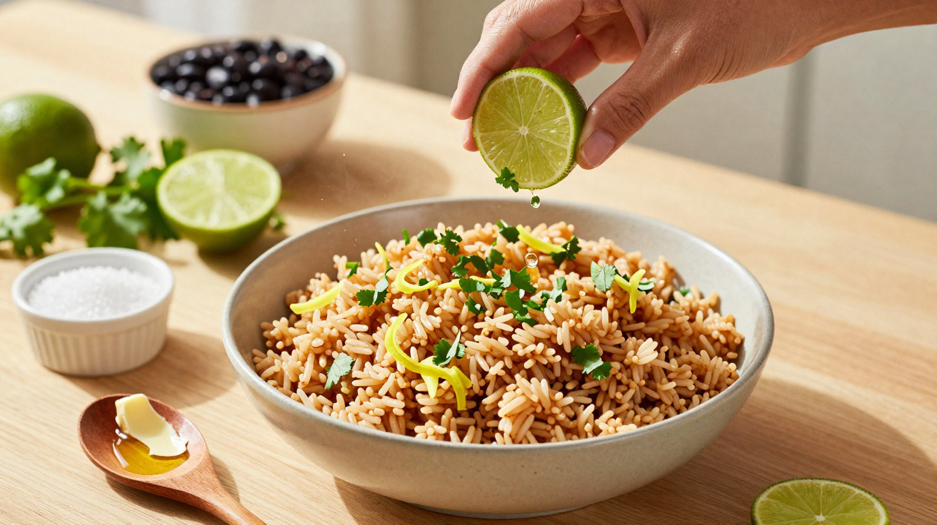 Mão a espremer lima sobre tigela de arroz temperado com coentros, com sal, feijão preto e manteiga ao lado.
