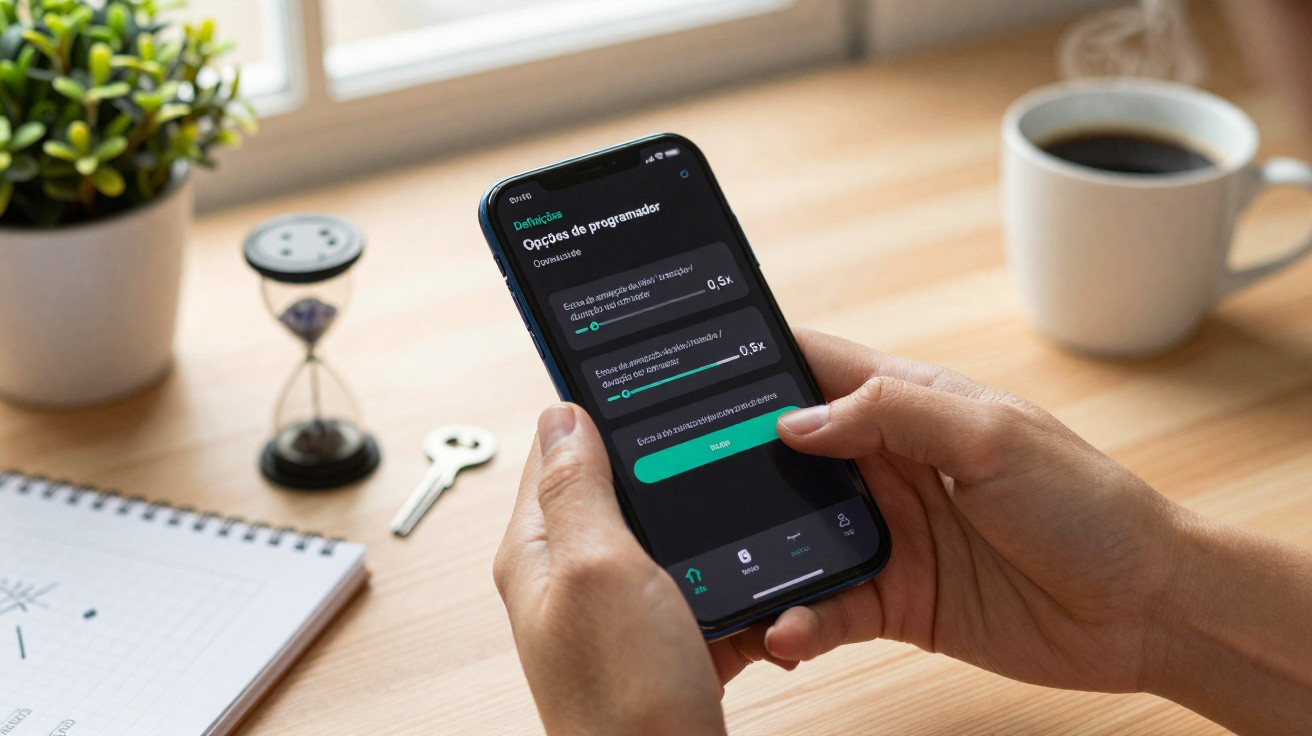 Pessoa a segurar telemóvel com opções de programador abertas em ambiente de escritório com café e caderno.