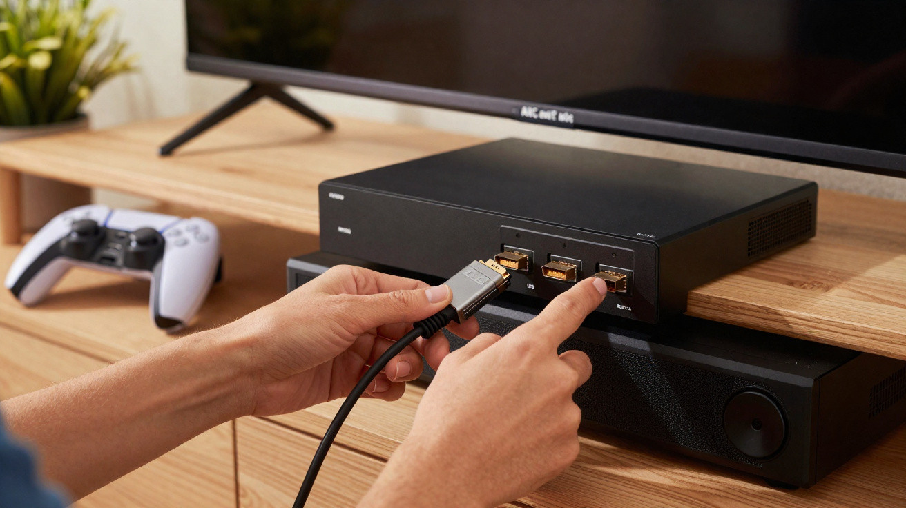 Mãos a ligar cabos HDMI a um dispositivo preto de ligação, em frente a uma televisão sobre móvel de madeira.